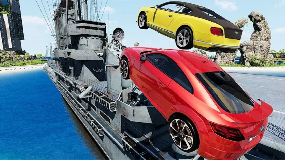 Cars Vs 100 Mega Container Jump Aircraft WarShip Parkour - Speed Car Crash - BeamNG Drive